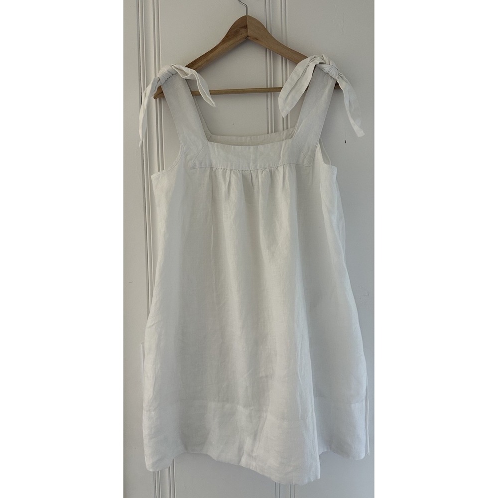 Lake White 100% Linen Tie Shoulder Sleeveless Shift Dress Size Small